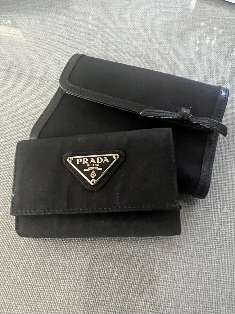 Prada Black Nylon Triangular Logo Wallet Duo